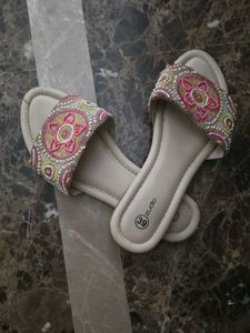 Embroidered Beige Slides