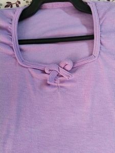 Cute Lilac Ribbed Tee with Bow Detail