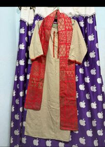Elegant Beige Kurta Set with Red Dupatta