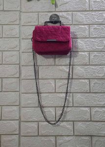 Fuchsia-Pink Quilted Velvet Crossbody Bag