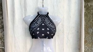 5249. Black Bandana Halter Neck Crop Top