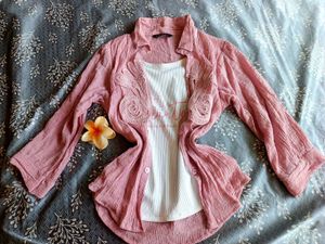 Chic Pink Crinkle Top & White Tee Set