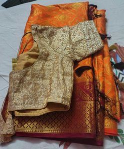 Elegant Orange &amp; Red Silk Saree with Blouse