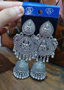 Maa Lakshmi Temple Design Oxidized Jhumka Earrings