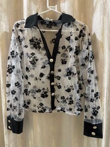Sheer Floral Button-Up Blouse