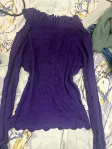 Purple Ruffled Neck Knit Top