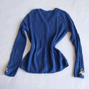 Blue Cardigan with Floral Embroidery&amp; Embel