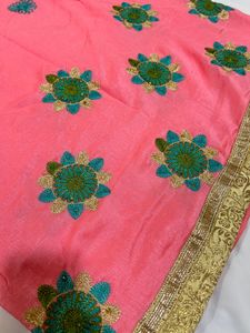 Pink Embroidered Saree with Gold Border