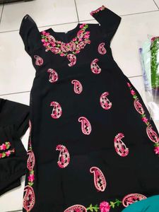 Black Kurta Set with Pink Embroidery