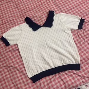 White & Navy Knit Top