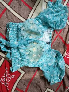Blue Floral Puff Sleeve Tie-Front Top