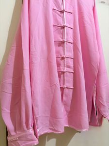Pink Mandarin Collar Frog Button Shirt