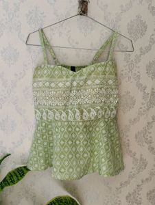 Embroidered Green Peplum Top