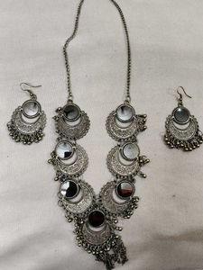 Bohemian Oxidized Silver Necklace & Earrings Set