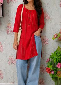 Elegant Red Kurta with Golden Stripes