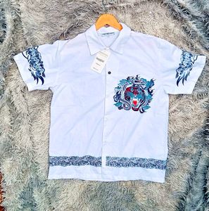 vintage Dragon Print White Short Sleeve Shirt