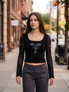Black Vintage Y2K Tribal Graphic Long Sleeve Top