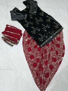 Elegant Black Kurta Set with Red Pants