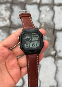 Casio Digital Watch Brown Leather Strap with metal