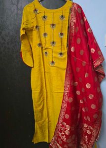 Yellow Kurta with Red Dupatta