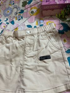 High-Waisted Cotton Denim Skort in Beige/Khaki