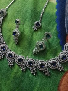 American Diamond Royal Blue Colour Necklace Set