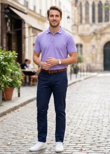 Men's Lavender Polo Shirt & Navy Trousers Outfit