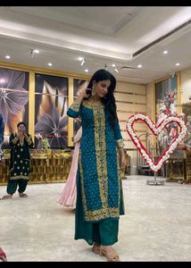 Elegant Teal Kurta Set with Gold Embroidery