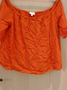 Orange Eyelet Off-Shoulder Top