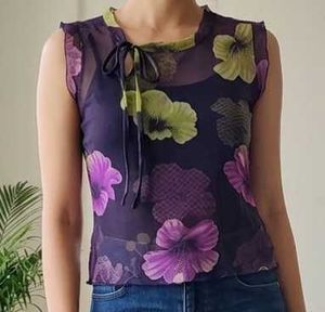 Retro Sheer Floral Tie-Neck Top