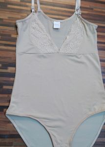 Elegant Nude Bodysuit With Lace Neck Line