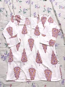 White Kurta with Purple Tree Print
