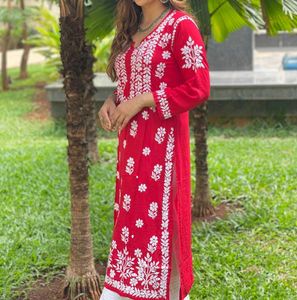 Red Embroidered Kurta
