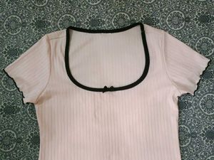 Cute Ribbed Cropped Top with Bow Detail
