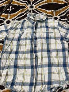 Blue Plaid Frayed Button-Up Shirt