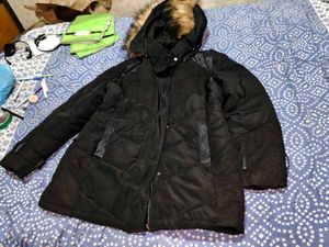 Black Puffer Coat with Faux Fur Hood men or women