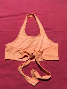 Halter Neck Tie Back Crop Top (Peach Orange)