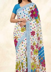Blue Striped Saree with Floral Print
