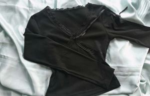 Black Lace Trim Tie-Front Top