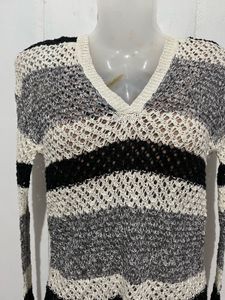Striped Crochet Knit V-Neck Sweater
