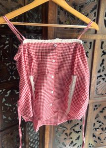 Red Gingham Crop Top with Lace Trim