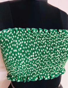 Green Smocked Crop Top