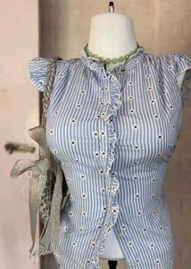 Blue Striped Ruffled Flower top