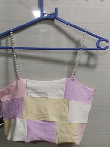 Patchwork Crop Top with Pearl Straps