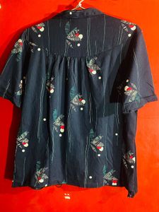Vintage Patterned Navy Button-Up Top