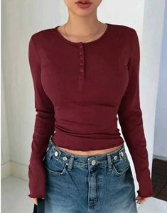 Ribbed Henley Long Sleeve Top