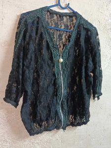 Oversized Lace Zipper Crop Top Sheer