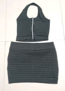 Chic Black Halter Neck Crop Top &amp; Skirt Set