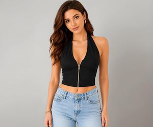 Korean Black Ribbed Halter Neck Zip Top