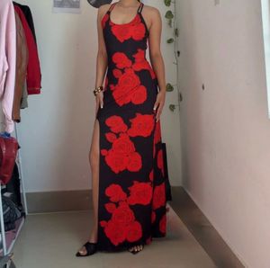 Maxi Dress with Red Rose Print